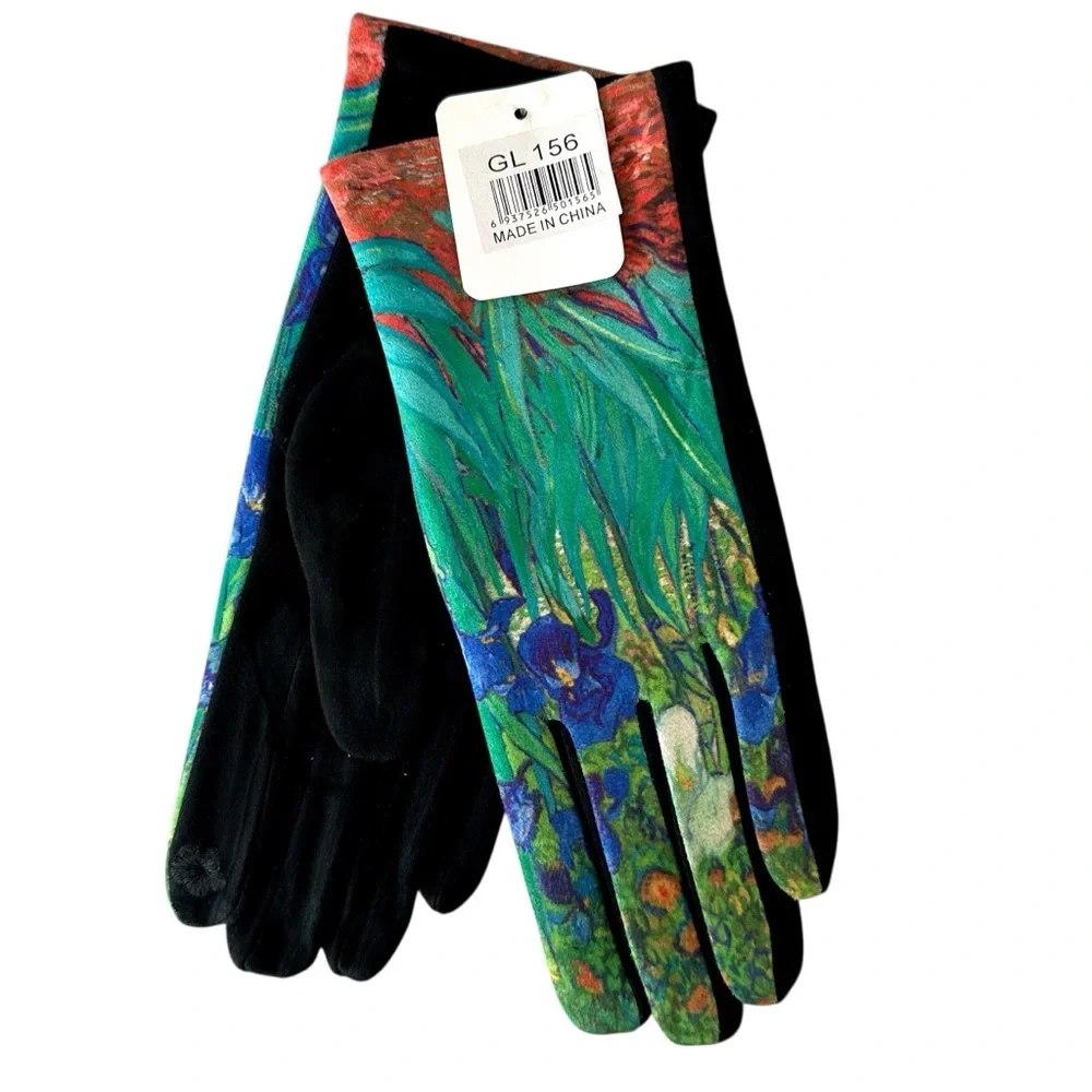 Micro Suede Gloves Van Gogh Iris Inspired Touchscreen Index Finger New